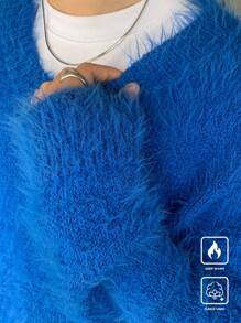 Manfinity CasualKnits Men's Fashion Solid Color Plain V-Neck Long Sleeve Casual Blue Pullover Sweater, Autumn/Winter, For Going Out, Friends