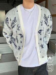 Manfinity Hypemode Chaqueta de punto informal de corte casual con gráfico de letra y ribete de contraste para hombre, de hombros caídos y bloqueo de color grueso, para salir en otoño/invierno, regalo para esposo o novio