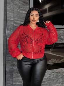 Slaydiva 日常休闲优雅紧身纯红色长袖透明蕾丝夹克，短款拉链大码女士，春秋季 - 紅色 - 查看 6