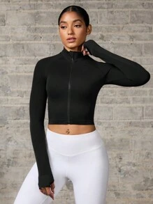 Seamless Thumb Hole Zip Up Long Sleeve Active Jacket - Black - View 5