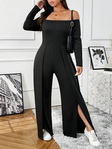 Flirla Bộ đồ liền thân hở vai tối giản màu trơn cỡ lớn - màu đen - Xem 1