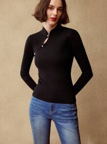 MOTF PREMIUM Jersey de punto acanalado de corte ajustado con cuello de ojo de cerradura y falsas perlas - Negro - Ver 6