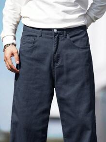 Manfinity Homme Men's Casual Front Button Pocket Simple Denim Jeans, Daily Wear - Dark Grey - View 7