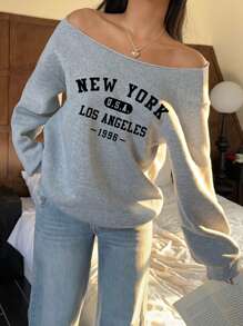 SHEIN EZwear Sudadera holgada de manga larga y delgada con estampado gráfico de Nueva York, para mujer - Top de manga larga