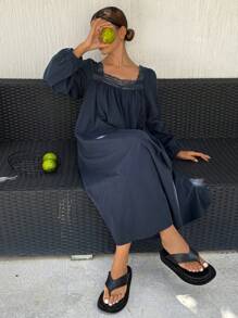 DAZY Camisón suelto con mangas abullonadas, parches y encaje dulce