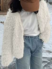 DAZY Tween 女童纯色毛绒前开长袖休闲夹克 秋冬季 - 杏色 - 查看 3