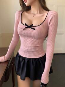 DAZY Women's Contrast Color Patchwork Bow Knitted Sweater, Suitable For Valentine's Day,Fall Clothes - Pink - View 1