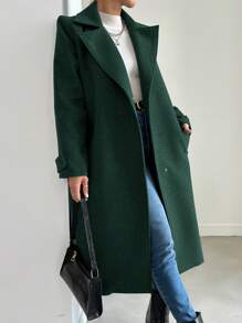 EURMUSE Solid Lapel Collar Slant Pocket Longline Overcoat - Dark Green - View 3