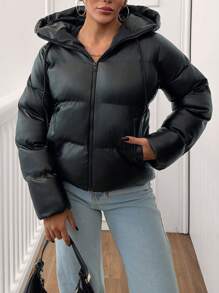 EURMUSE Zip Up Hooded Puffer Coat - Black - View 5