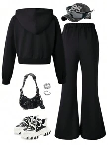2 件 Tween Girl 黑色连帽衫和喇叭裤套装 - 黑色 - 查看 2