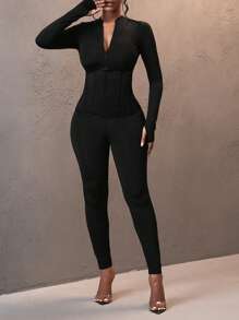 Slaydiva 优雅简约腰部收紧拉链高领长袖连体裤