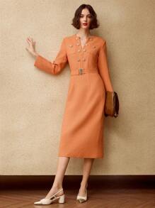 MOTF PREMIUM SOLIDE INKEPING NEK KNOOP DETAIL RIEM MIDI JURK, DAMES OUTFIT