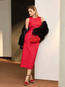 MOTF Soiréza SOLID JACQUARD CUTOUT TWIST WAIST SLIM FIT DRESS - Red - View 5