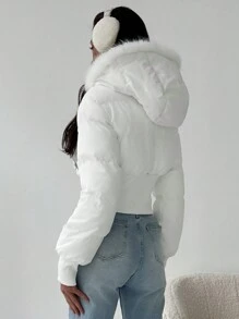 Aloruh 短款防风保暖贴身保暖内衬连帽夹克，百搭白色，厚款，秋冬款 - 白色 - 查看 2