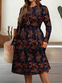 EMERY ROSE Plus Size Casual Vintage Leaf Print Fitted Crew Neck Long Sleeve Dress, Suitable For Autumn/Winter,Beach Dress Sundress,Holiday Outfits Boho