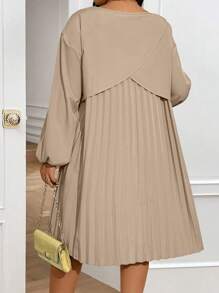 Calvaya 大码女士休闲纯色落肩宽松灯笼袖褶皱后背连衣裙，春秋季 - 卡其色 - 查看 3