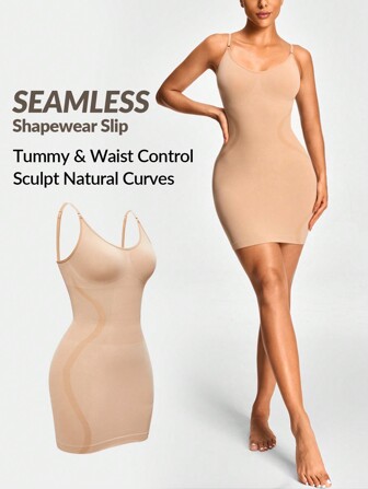 SHEIN Shape Seamless Shapewear Slip Spaghetti Strap Dress Body Shaper Bust& Butt Lifter Tummy Waist Thigh Control