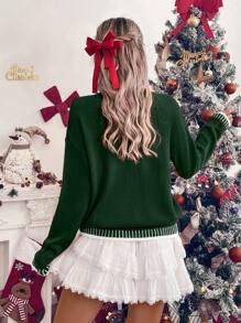 SHEIN LUNE Women Christmas Letter Graphic Ribbed Trim Round Neck Sweater, Casual For Everyday Wear, Autumn/Winter Knit Pullover Fall - Dark Green - View 2