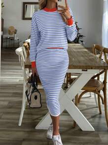 SHEIN LUNE 2 件套条纹印花拼色边饰圆领长袖上衣和针织裙套装 - 彩色 - 查看 4