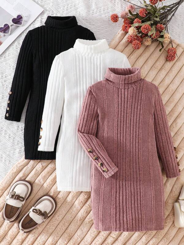 Conjunto informal de 3 piezas de vestido casual ajustado sin cuello de punto para niñas jóvenes
