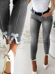Slim Fit Rhinestone Decor Denim Jeans - 淺灰色 - 查看 3