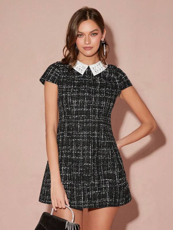 Enchnt Spring/Summer Romantic Women's Black Plaid Contrast Color Exquisite Pearl Rhinestone Collar Elegant  French Tweed Short Dress,Sweet&Elegant Outfit For Sweet Date Night &Wedding Guest Dress Women &Holiday & Graduation Dress&Daily Commuting&Vacation&Garden Parties & Concert Outfit Women