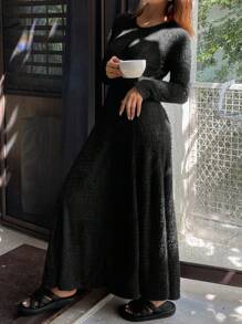 DAZY Long Fitted Knitted Fleece Loungewear Dress For Winter Pajama - Black - View 4