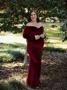 优雅丝绒V领长袖修身孕妇连衣裙，适合参加迎婴派对和拍照活动 - 酒紅色 - 查看 6