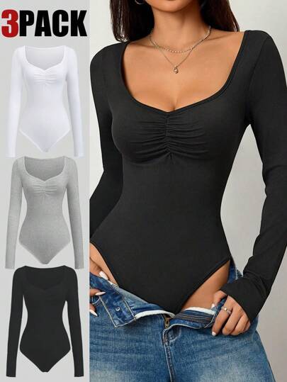Flirla 3 Stück/Set weiß, schwarz & grau Vorderseite Falten V-Ausschnitt Langarm Bodysuit Anzug Oberteil, sexy Oberteile für Frauen