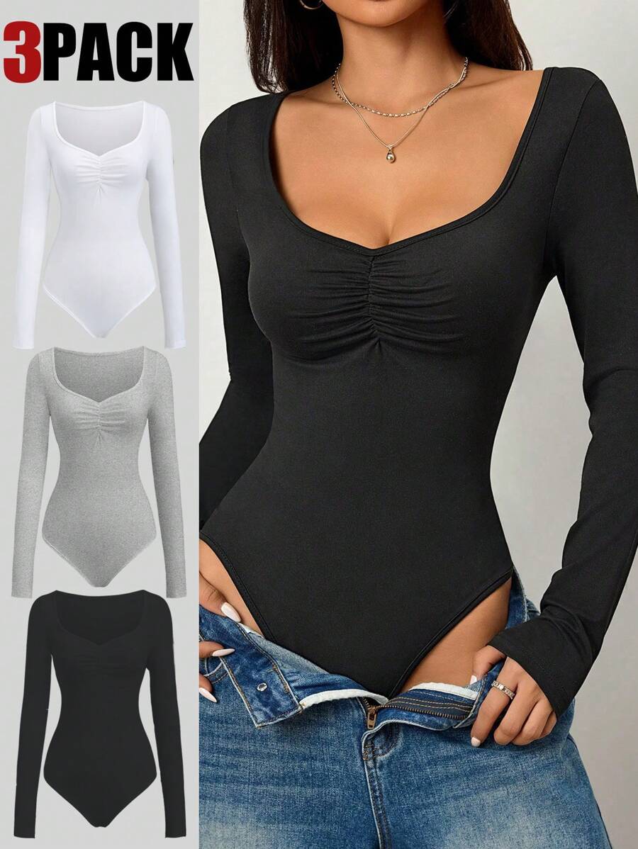 Flirla 3 Stück/Set weiß, schwarz & grau Vorderseite Falten V-Ausschnitt Langarm Bodysuit Anzug Oberteil, sexy Oberteile für Frauen