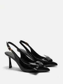 CUCCOO BIZCHIC Basic Office Commute Fashion Solid Black Pointed Toe Bowknot Cutout Stiletto Heel Pumps For Christmas And New Year Holiday Vibe Fall And Winter - Black - View 9