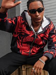 Manfinity Dauomo Men's Allover Print Hooded Zip-Up Long Sleeve Sweatshirt
