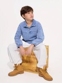 Tween Boy Casual Basic Comfortable Soft Denim Bomber Jacket, Suitable For Daily Wear - Medium Wash - View 3