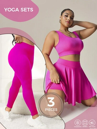 Easithlete 大码纯色宽肩带休闲上衣和长裤无缝运动服套装