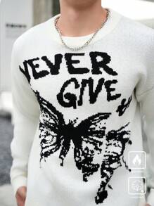 Manfinity Hypemode Suéter de cuello redondo con estampado de letras y mariposas, efecto de color block, de manga larga, para hombre, casual, para salidas con amigos en otoño/invierno