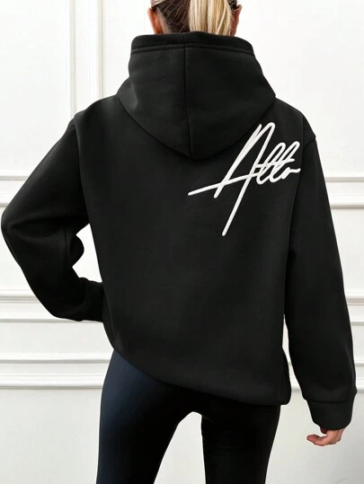 EURMUSE 95% Cotton Letter Embroidery Drop Shoulder Thermal Lined Hoodie