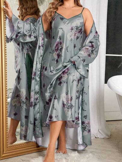 SHEIN MuseNap CURVE Plus Size Faux Silk Floral Print Sleeveless Nightgown And Robe Set, Fall Winter Clothes
