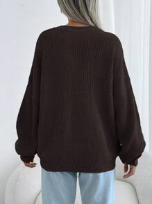 EURMUSE Women Solid Color Round Neck Drop Shoulder Chunky Pullover - Brown - View 2