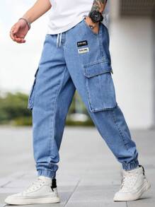 Manfinity Homme Men's Front Tie Pocket Simple Jeans Casual Pants For Daily Wear - Medium Wash - View 1