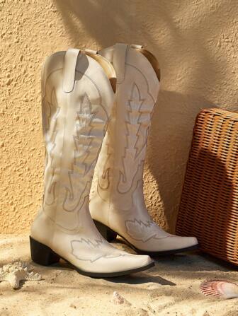 Styleloop Bottes de cowboy à talon compensé et pointe carrée brodées pour femmes. Conviennent pour l'ambiance des fêtes de Noël et du Nouvel An, en automne et en hiver