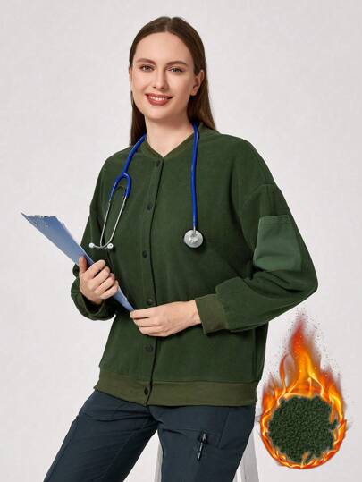 Scrubzie Chaqueta multifuncional de forro polar para mujeres en otoño e invierno, chaqueta de uniforme de cirugía de doble capa para examen médico, unicolor, chaqueta de trabajo para peluquería de mascotas, nutricionista, trabajo de laboratorio, con múltiples bolsillos y funcional, cuello con botones para facilitar el uso y la retirada