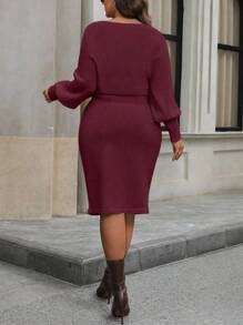 Auvina 秋冬季大码优雅圆领收腰针织毛衣连衣裙 - 中紫紅色 - 查看 2