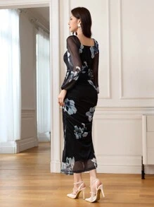 Modelyn Women's Floral Print Elegant Square Neck Tie Waist Midi Dress Maxi Women Outfit Long Evening Dresses - Black - View 2