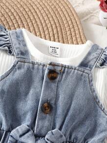 SHEIN Vintaside Kids Baby Girl Round Neck Solid Color Casual Long Sleeve Top And Heart Pattern Bowknot & Ruffle Trim Overalls Set - Blue - View 4