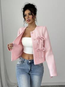 Bow Decor Front Button Round Neck Elegant Long Sleeve Pink Jacket Coat Fall Winter Cloth For Women - Pink - View 4