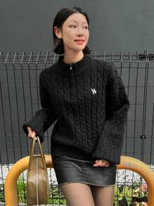 Áo len dệt kim dáng rộng tay dài cài nút màu trơn cho nữ mùa thu đông - màu đen - Xem 3