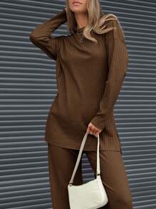 EURMUSE Bộ 2 áo thun dài tay hở vai màu trơn đơn giản cho nữ và quần, mùa thu - Màu nâu Sô-cô-la - Xem 4