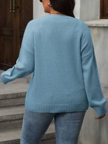 SHEIN LUNE Suéter holgado de punto con estampado de zorro, talla grande, informal para otoño/invierno - Neblina azul - Ver 2