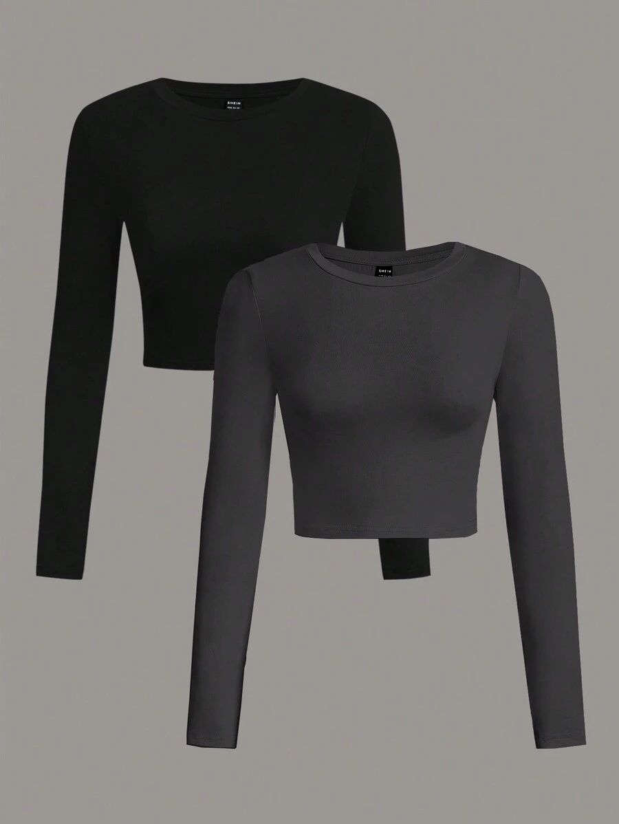 SHEIN EZwear 2 chiếc áo thun cổ tròn tay dài ôm sát viền ngắn màu xám đậm/đen đơn giản, áo thun đa năng phù hợp cho nữ, thích hợp cho mùa xuân/thu - Nhiều màu - Xem 1
