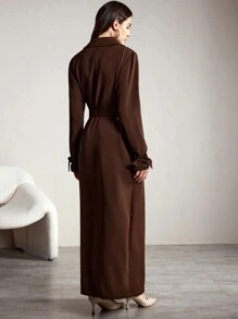Modelyn Ladies 2 Pieces Set With Solid Color Long Sleeve Long Jacket And Casual Dress 2 Pieces Set - Coffee Brown - View 6